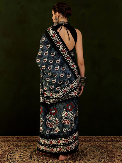 Women's Bhagalpuri Silk Grey Printed Designer Saree With Blouse Piece