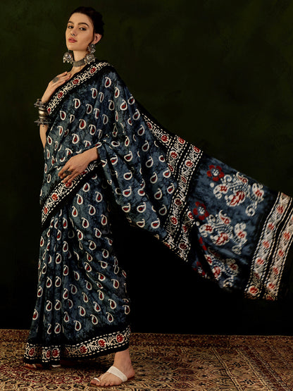 Women's Bhagalpuri Silk Grey Printed Designer Saree With Blouse Piece