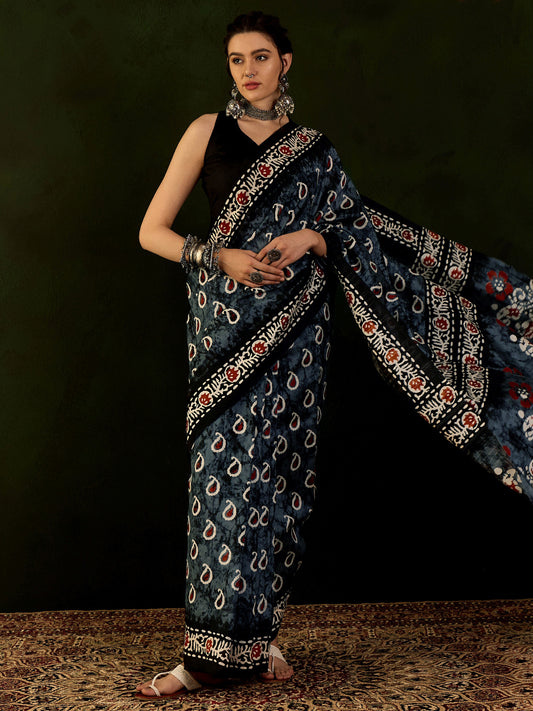 Women's Bhagalpuri Silk Grey Printed Designer Saree With Blouse Piece