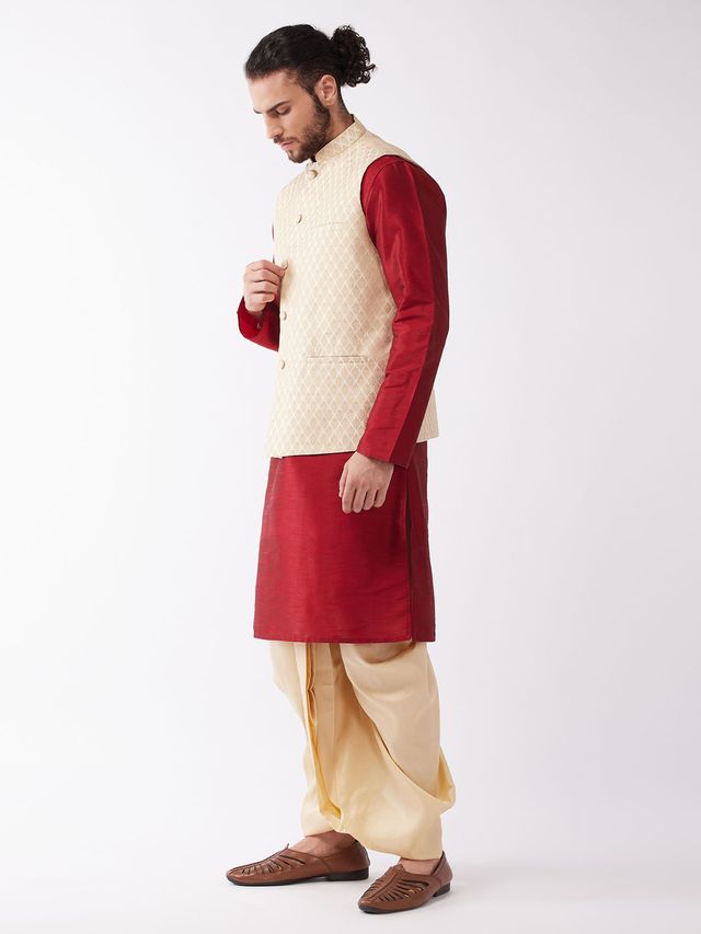 Men's Maroon Silk Blend Straight Jacket  Kurta and Dhoti Set