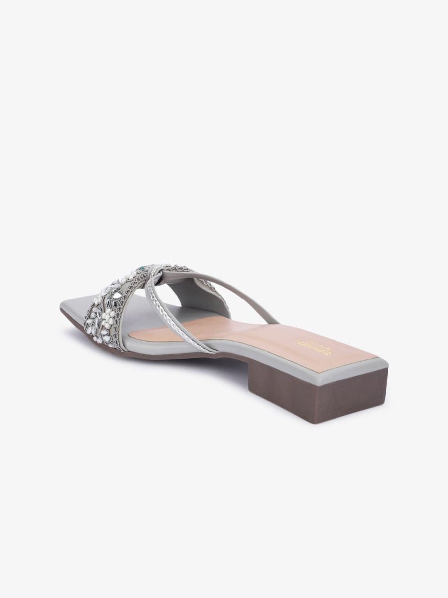 Dhiyona AK Grey Ethnic Embellished Open Toe Flats