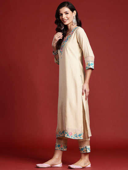 Dhiyona IE Floral Aari Work Embroidered Kurta with Trousers & Dupatta