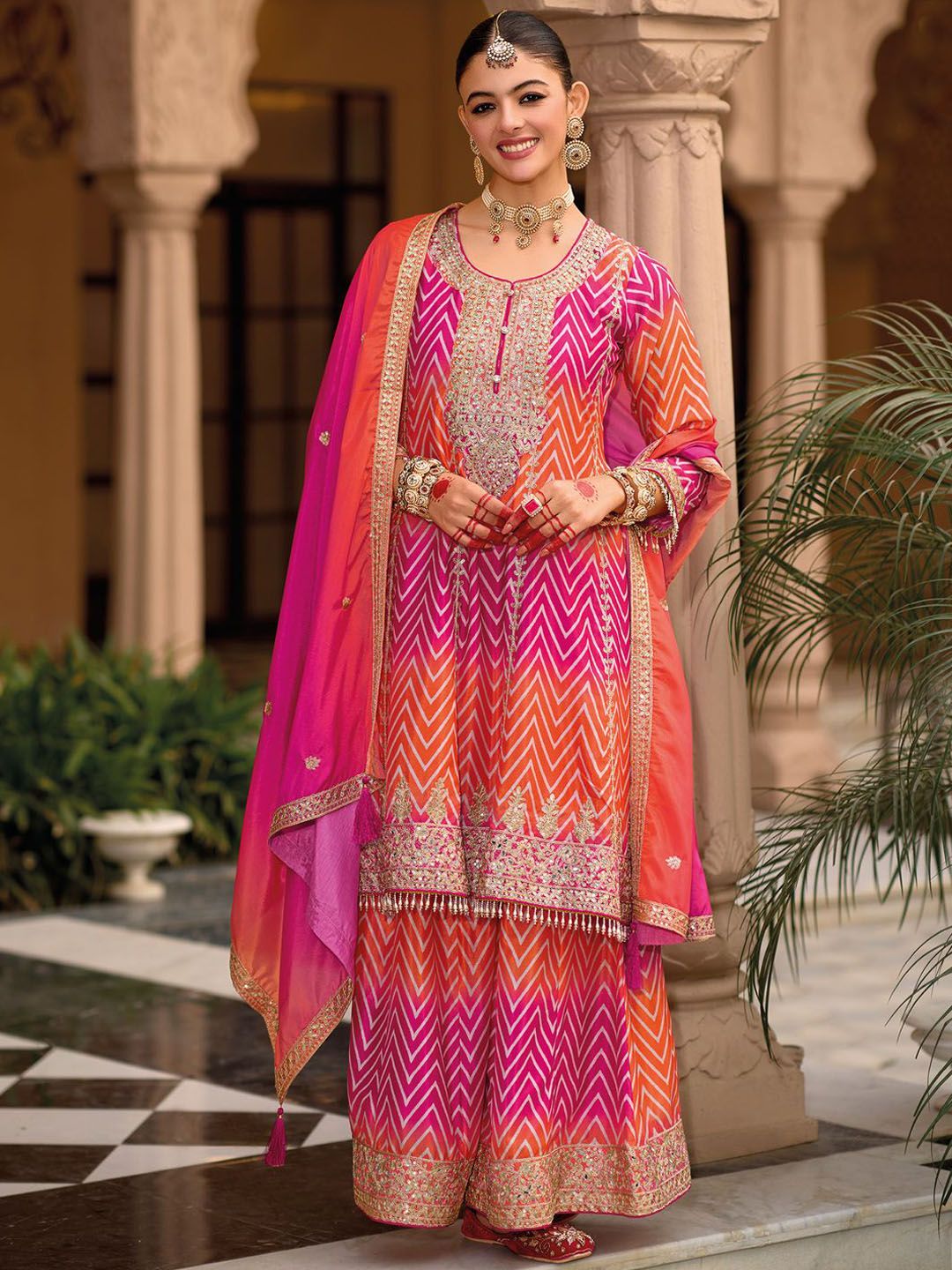 Chevron Printed Sequinned Round Neck A-Line Kurta With Palazzos & Dupatta