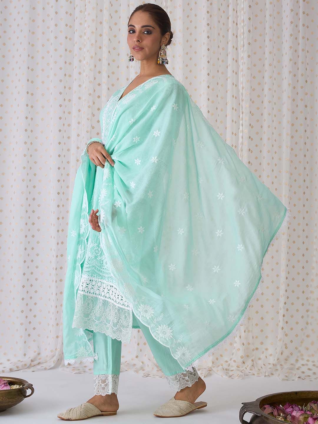 Dhiyona IE Floral Embroidered Pure Cotton Straight Kurta With Trousers & Dupatta