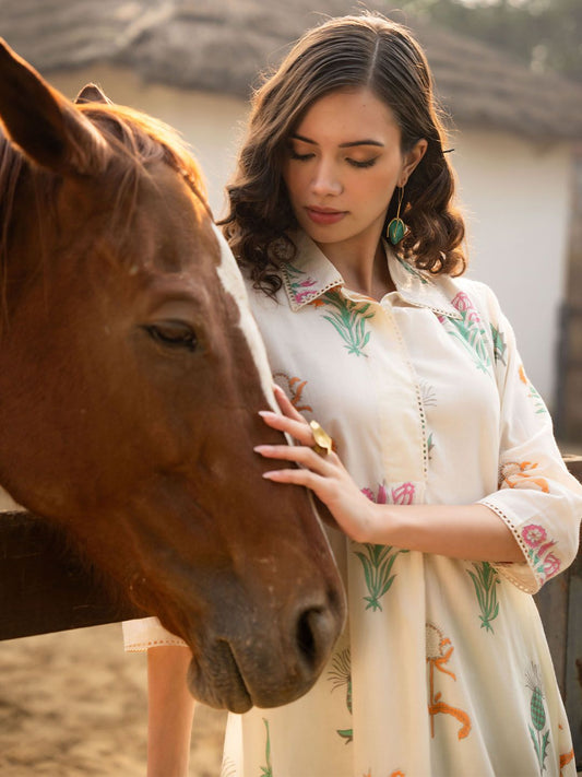 Dhiyona IE Floral Printed Shirt Collar Pure Cotton A-Line Kurta With Trouser