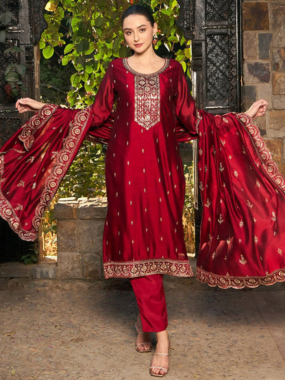 Ethnic Motifs Embroidered Round Neck Thread Work Kurta with Trousers & Dupatta