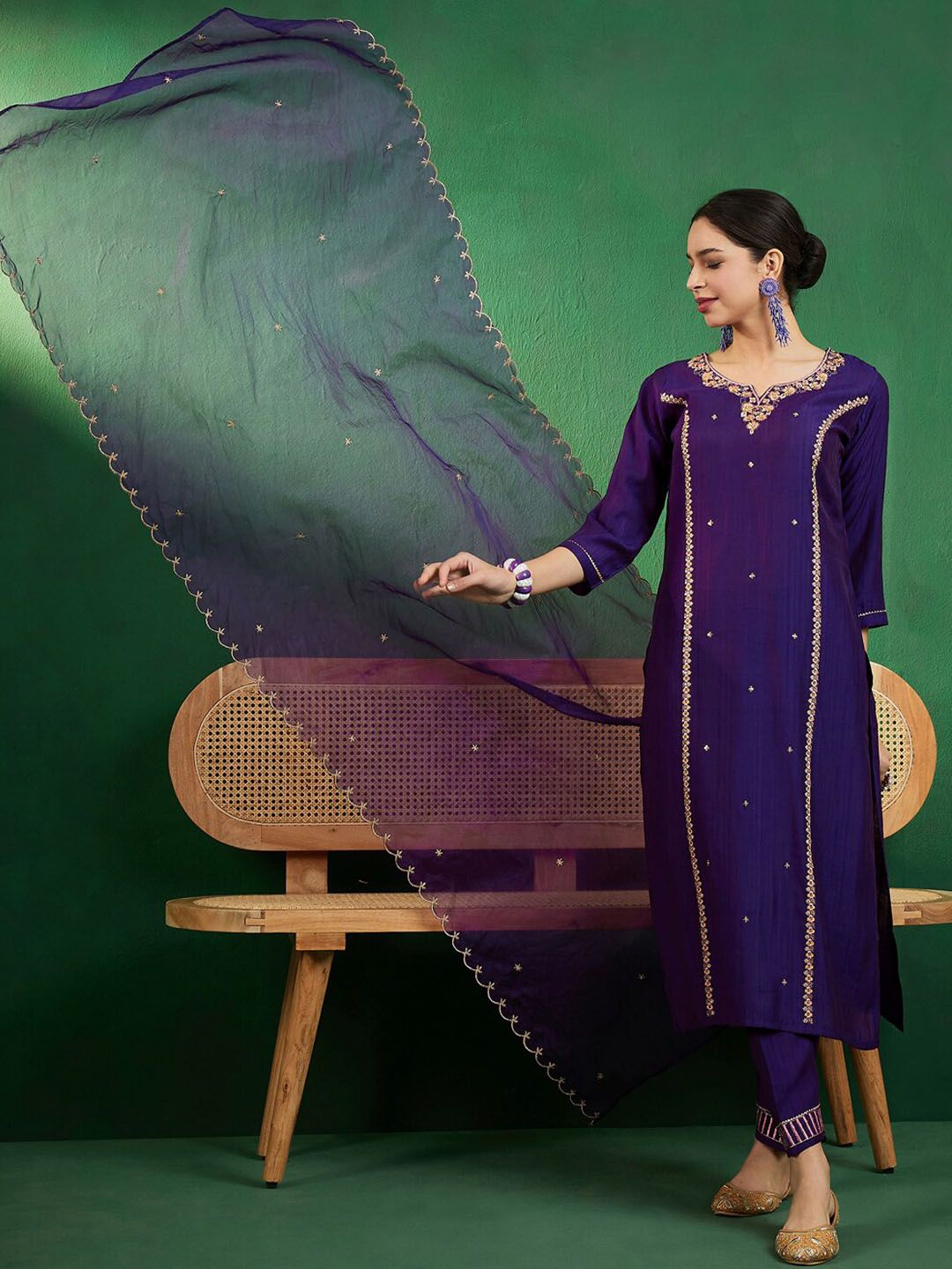 Dhiyona SN Women's Purple & Gold Toned Zari Embroidered Straight Kurta With Trouser & Dupatta