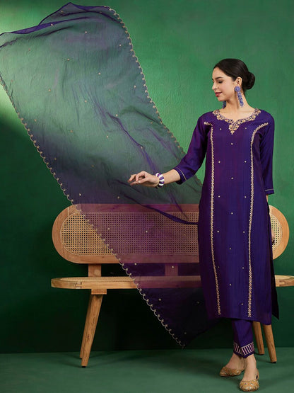 Dhiyona SN Women's Purple & Gold Toned Zari Embroidered Straight Kurta With Trouser & Dupatta