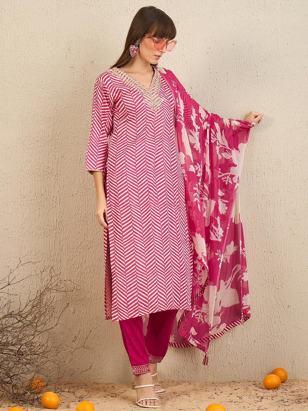 Dhiyona IE Chevron Printed Pure Cotton Straight Kurta With Trousers & Dupatta