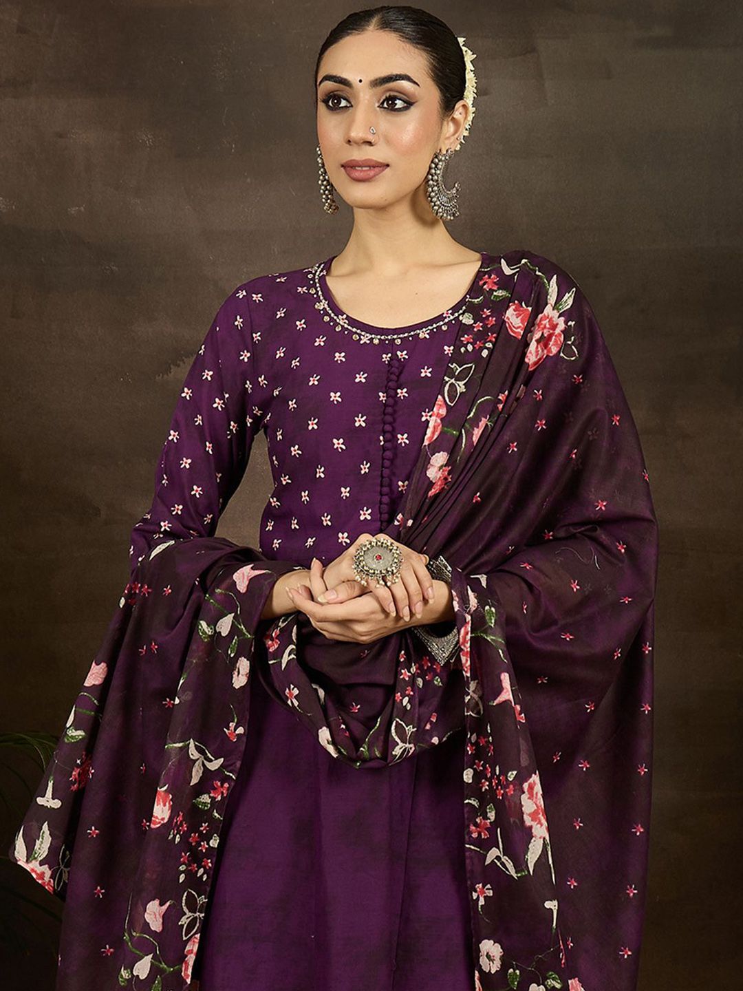 Dhiyona IE Floral Printed Pure Cotton Anarkali Kurta With Trousers & Dupatta