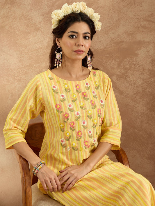 Dhiyona IE Floral Embroidered Pure Cotton Straight Kurta with Trouser