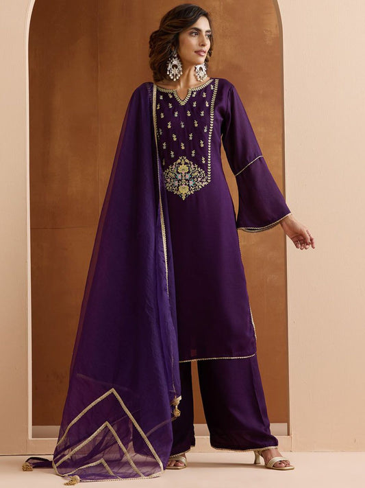 Dhiyona IS Women's Floral Embroidered Yoke Design Notch Neck Kurta With Palazzos And Dupatta