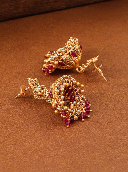 Dhiyona RJ Women's 18K Gold-Plated Ruby Stone & Beaded Divine Ganesha Temple Jhumka Earrings