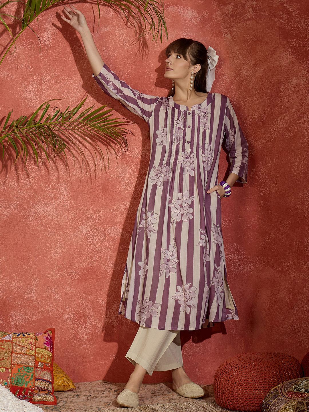 Dhiyona IE Printed Pure Cotton A-Line Tunic & Trousers Co-Ord Set