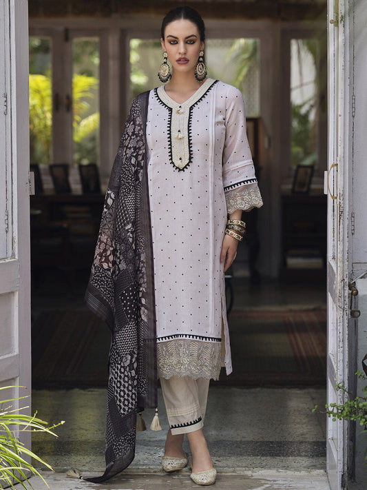 Dhiyona IE Cream-Coloured & Black Floral Embroidered Thread Work Linen Kurta Set