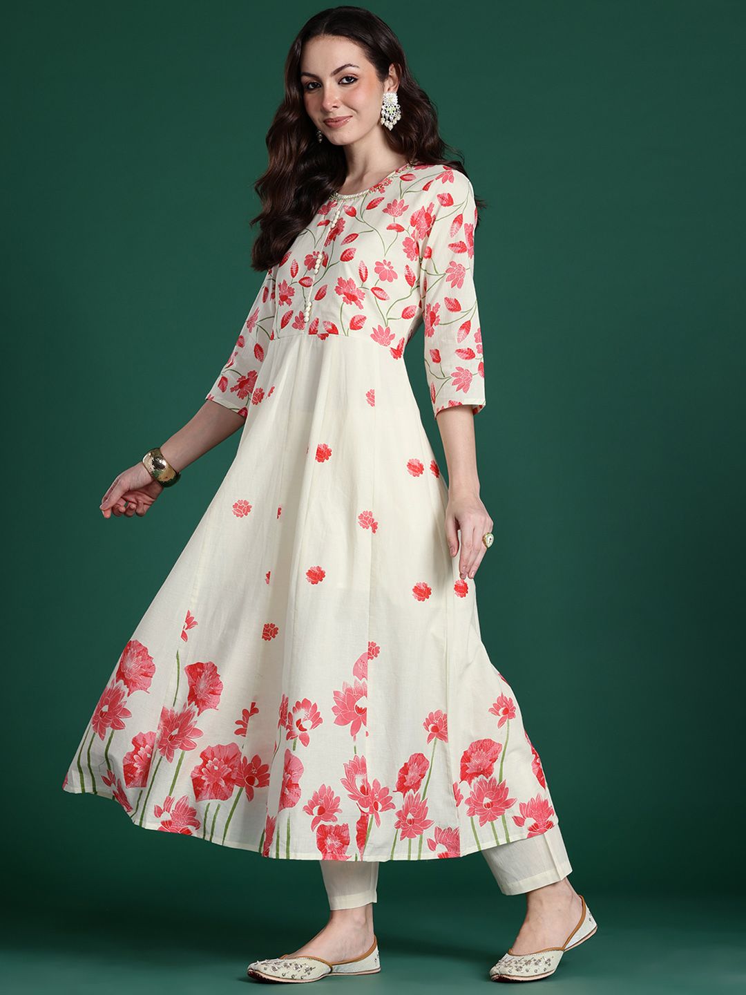 Floral Printed Regular Pure Cotton Kurta with Trousers & With Dupatta