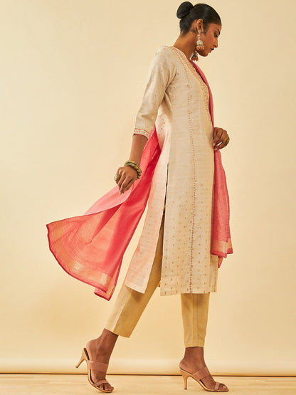 Dhiyona SO Women's Cream Floral Embroidered Thread Work Straight Kurta With Trousers & Dupatta
