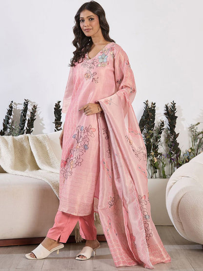 Floral Printed Round Neck Straight Kurta With Trousers & Dupatta