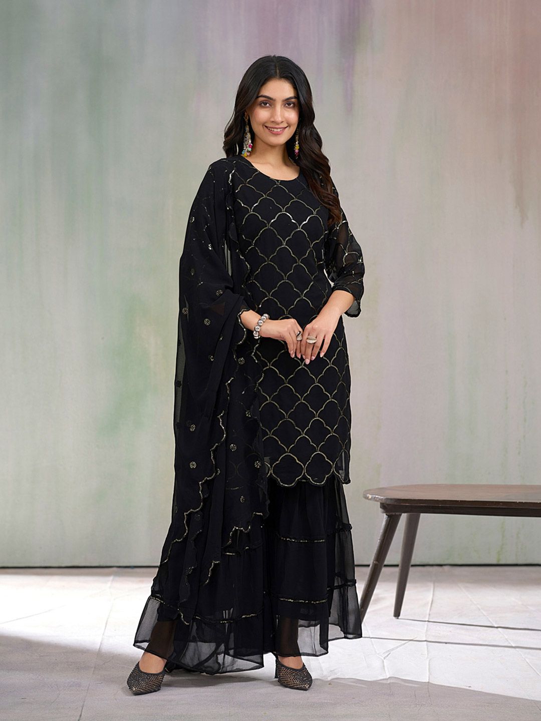 Dhiyona CH Floral Embroidered Sequinned Georgette Straight Kurta With Sharara & Dupatta