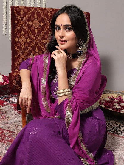 Dhiyona VA Women'sFloral Yoke Design Gotta Patti Pure Cotton Kurta & Trousers With Dupatta