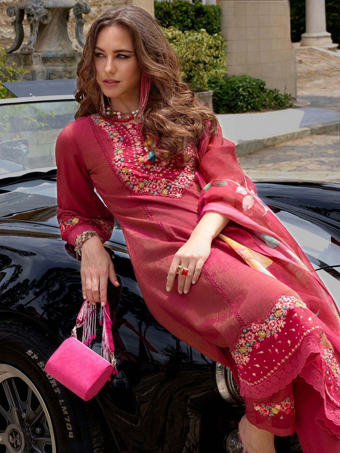 Floral Embroidered Thread Work Kurta with Trousers & Dupatta