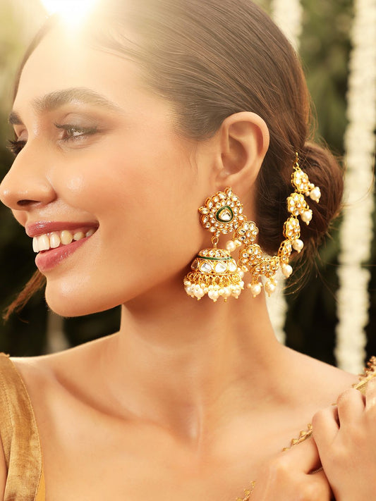 Dhiyona RJ Women's 22K Gold Plated Kundan Crystal Kan Chain Earrings with Pearls & Green Enamel Detail