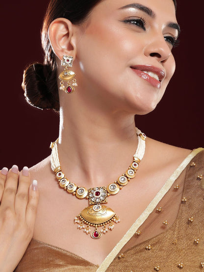 Dhiyona RJ Women's 22K Gold-Plated Ruby, Kundan & Multi-Strand Pearl Bead Detailing Necklace Set