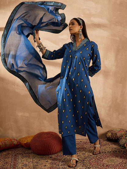 Dhiyona IE Women Ethnic Motifs Embroidered Regular Thread Work Pure Cotton Kurta with Trousers & With Dupatta