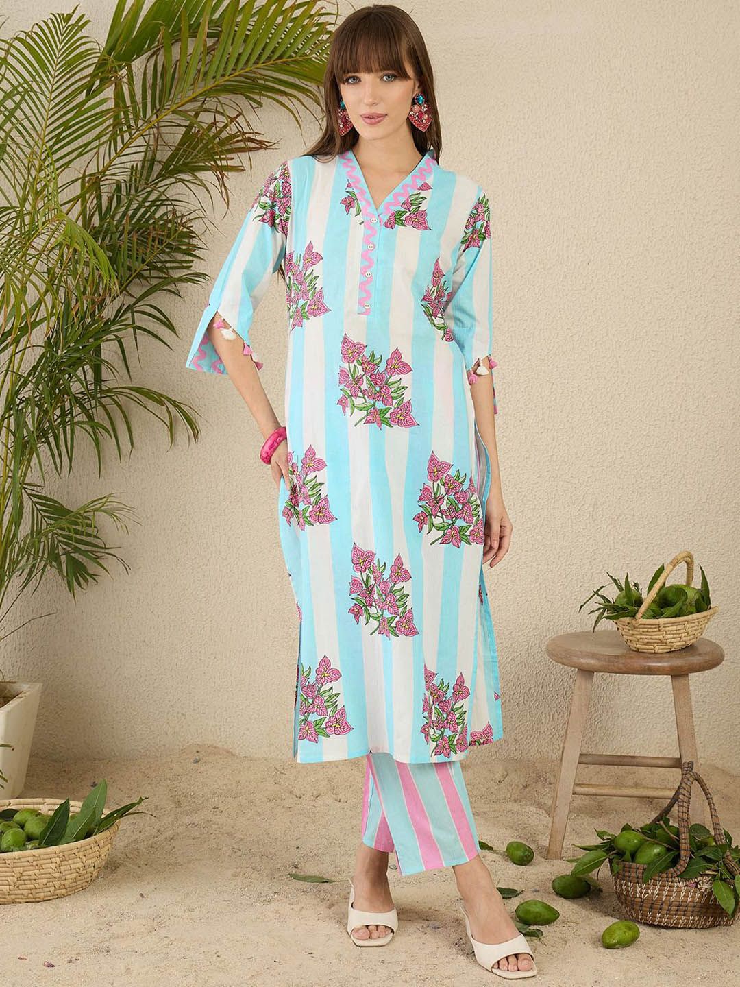 Floral Screen Printed V-Neck Pure Cotton Straight Kurta With Trousers