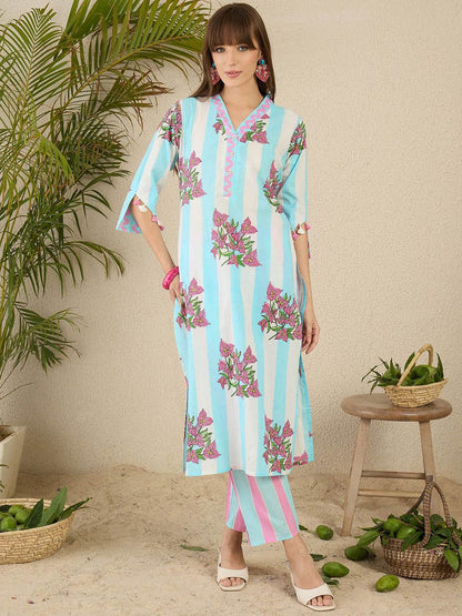 Floral Screen Printed V-Neck Pure Cotton Straight Kurta With Trousers