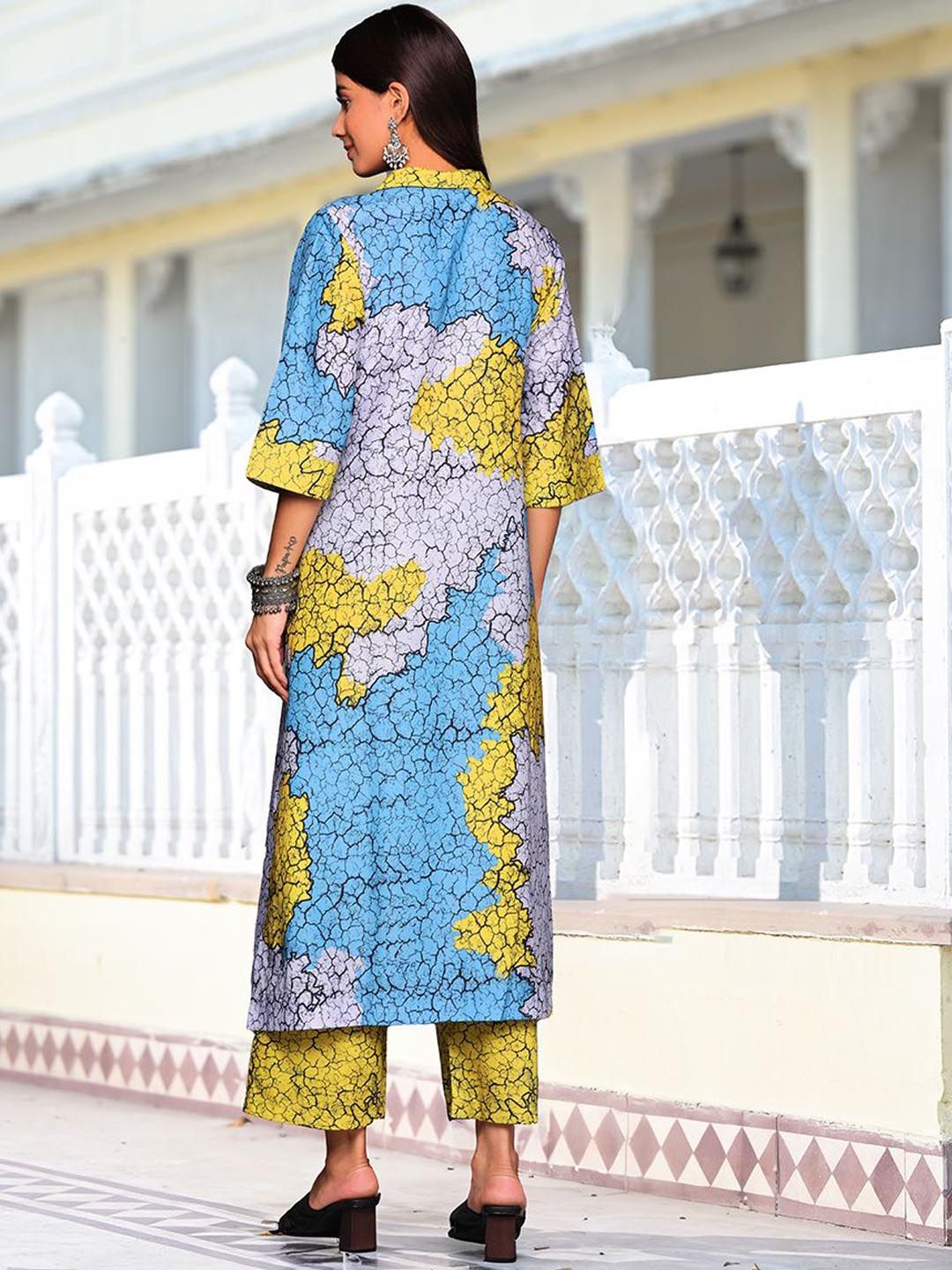 Dhiyona VA Women'sBlue Abstract Printed Cuban Collar Straight Kurta With Trousers