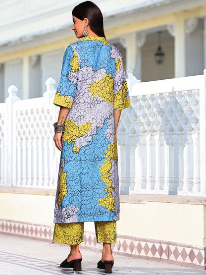 Dhiyona VA Women'sBlue Abstract Printed Cuban Collar Straight Kurta With Trousers