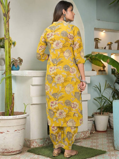 Dhiyona VA Women's Floral Printed Regular Mirror Work Pure Cotton Kurta with Salwar & With Dupatta