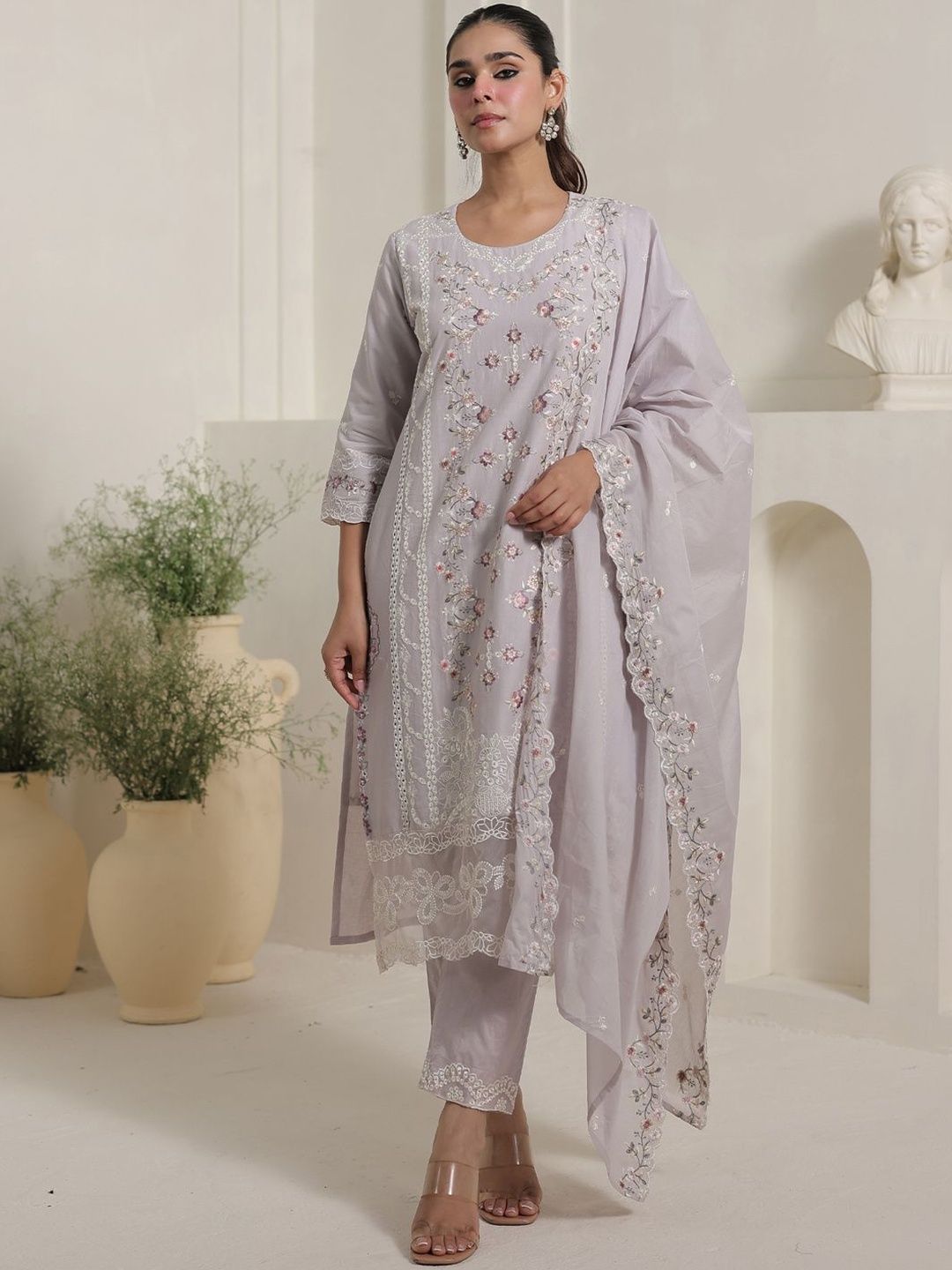 Women Floral Embroidered Cotton Kurta with Trousers & Dupatta