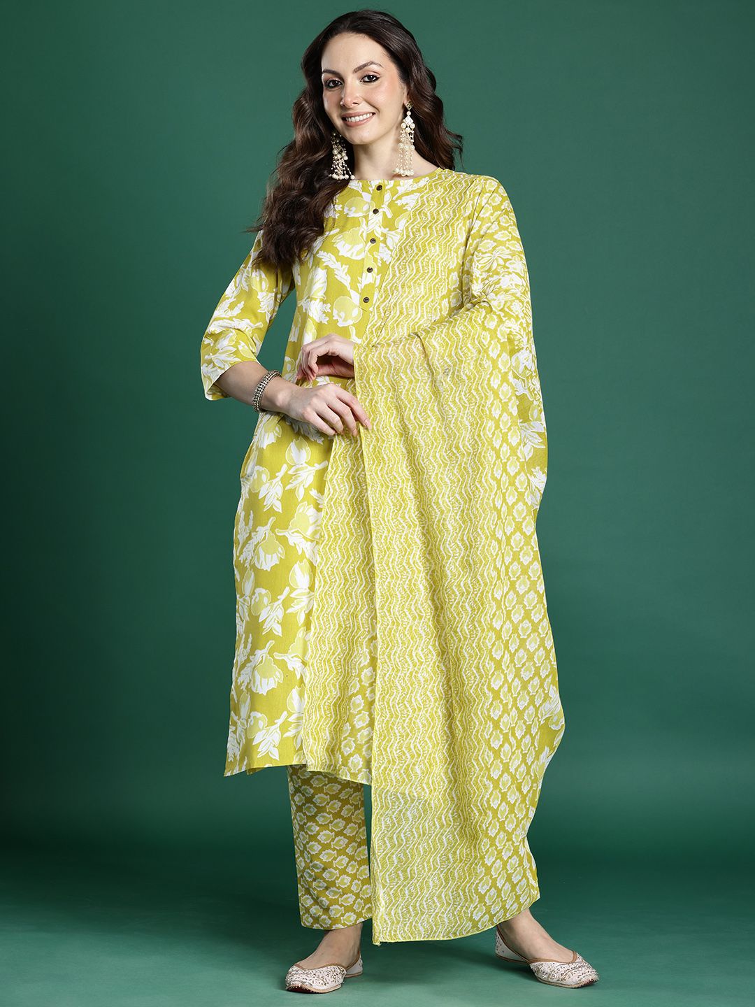 Floral Printed Regular Pure Cotton Kurta with Trousers & With Dupatta