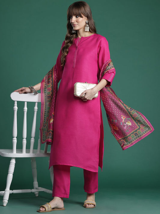 Dhiyona IE Embroidered Pure Cotton Kurta with Trousers & Dupatta