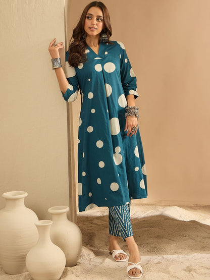 Dhiyona IE Printed V-Neck Pure Cotton A-Line Tunic With Trouser