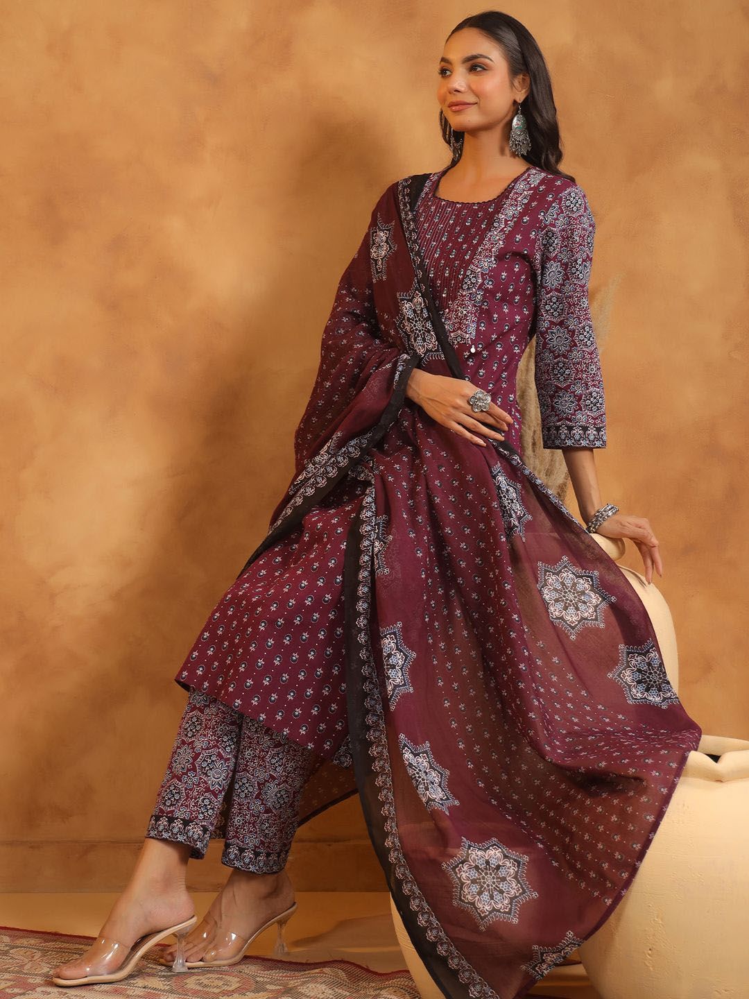 Floral Printed Pure Cotton Kurta With Trousers And Dupatta