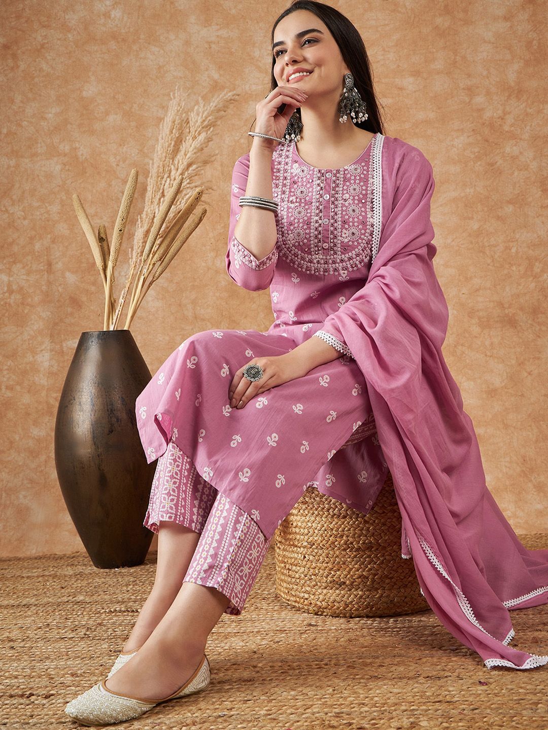 Dhiyona SN Women's Floral Printed Pure Cotton Kurta With Trousers & Dupatta