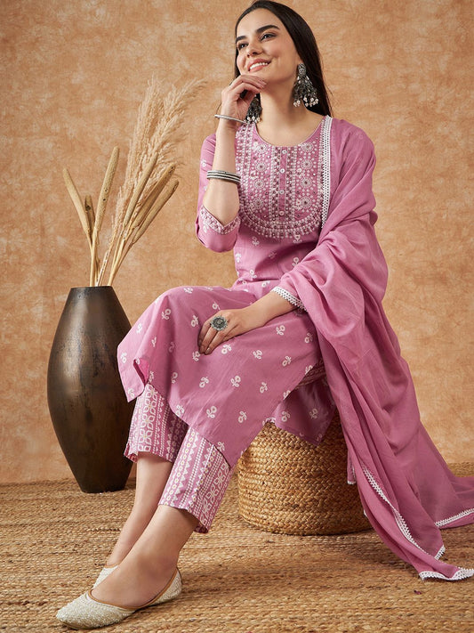 Dhiyona SN Women's Floral Printed Pure Cotton Kurta With Trousers & Dupatta
