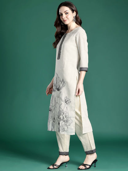 Dhiyona IE Floral Printed Linen Kurta with Trousers & Dupatta