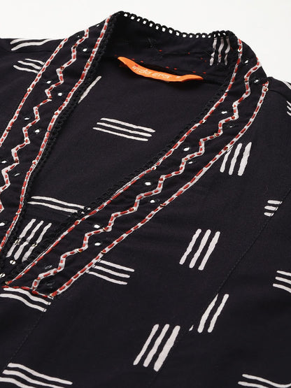 Dhiyona IE Geometric Printed Panelled Pure Cotton Kurta with Trousers & Dupatta