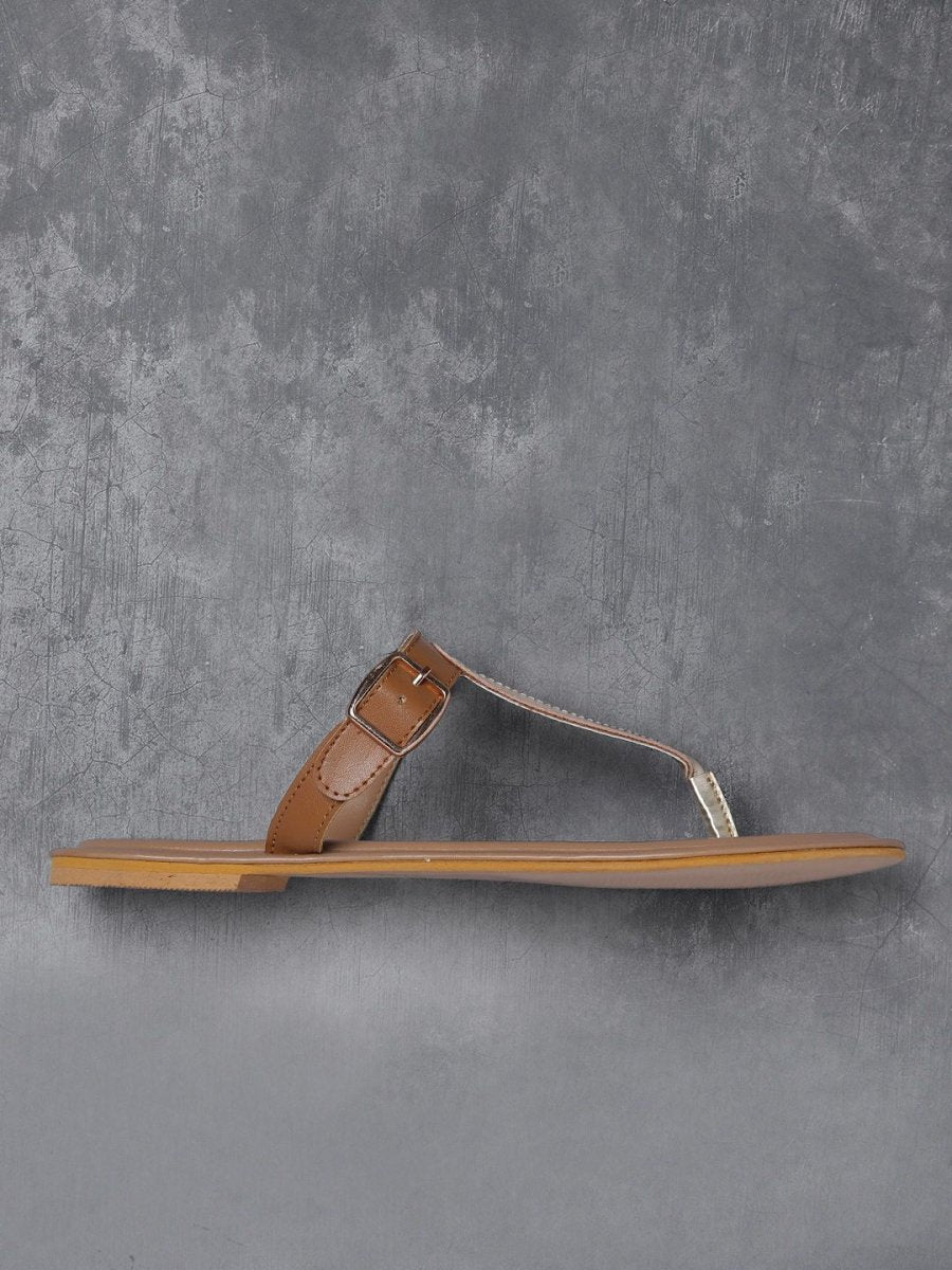Dhiyona AK Women Gold-Toned & Brown Colourblocked T-Strap Flats