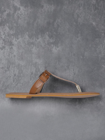 Dhiyona AK Women Gold-Toned & Brown Colourblocked T-Strap Flats