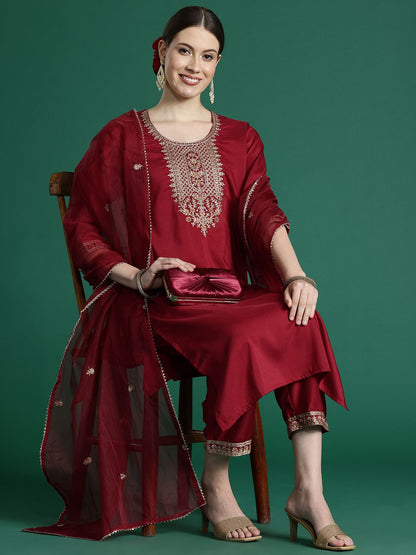 Ethnic Motifs Embroidered Thread Work Kurta With Trousers & Dupatta