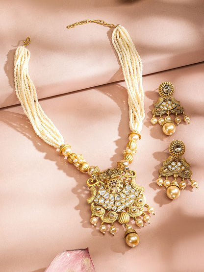 Dhiyona RJ Women's 22K Gold Plated White Kundan & Pearl Studded & Beaded Multi-Strand Necklace Set
