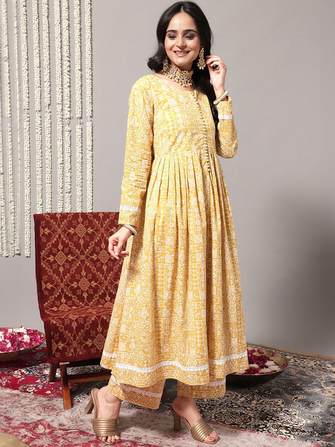 Dhiyona VA Women'sEthnic Motifs Printed A-Line Pure Cotton Kurta with Trousers