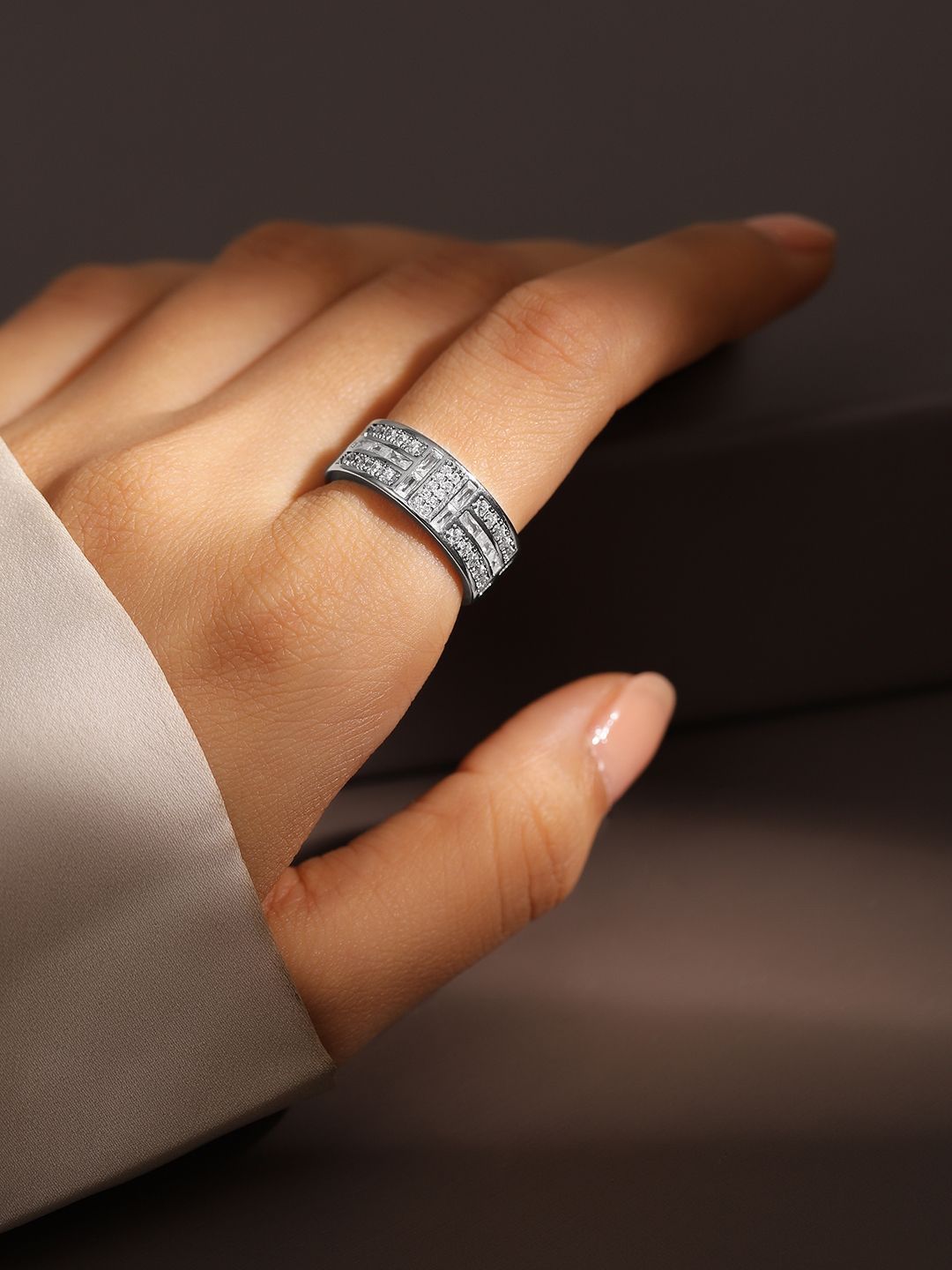 Dhiyona RJ Women's Rhodium Plated Adjustable Openable Ring with Baguette & Pave Cubic Zirconia
