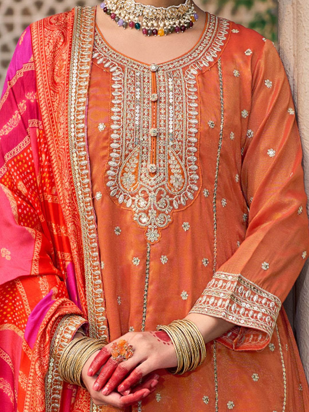 Ethnic Motifs Embroidered Sequinned Anarkali Kurta with Trouser & Dupatta