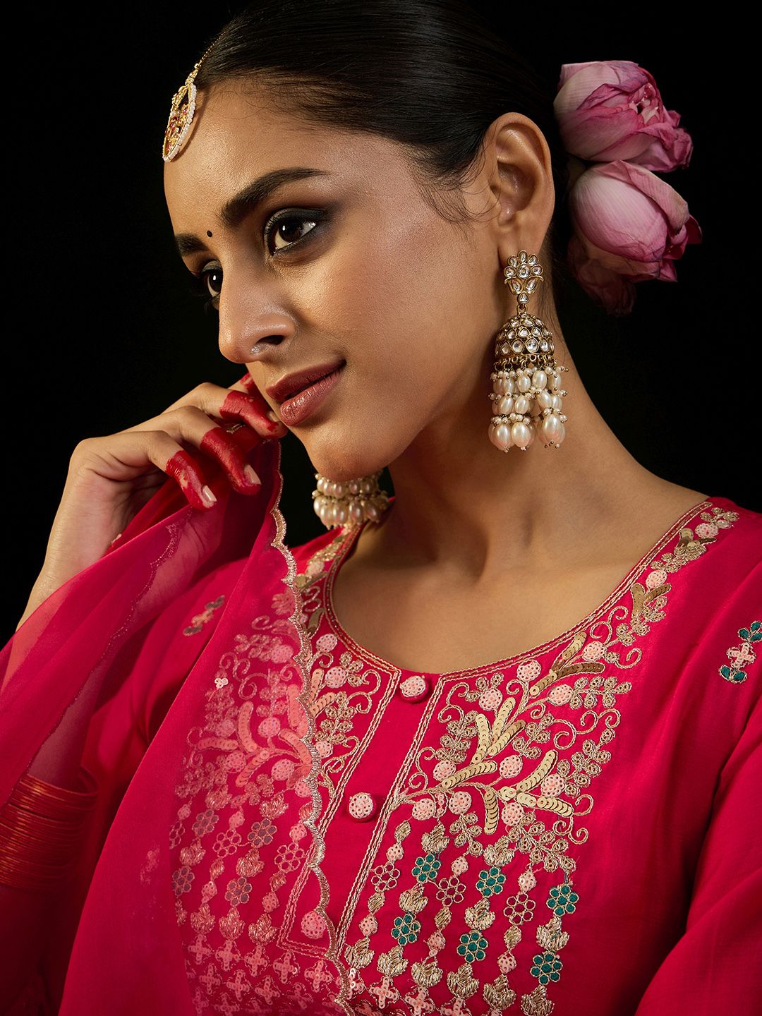 Floral Embroidered Sequinned Straight Kurta & Trousers With Dupatta
